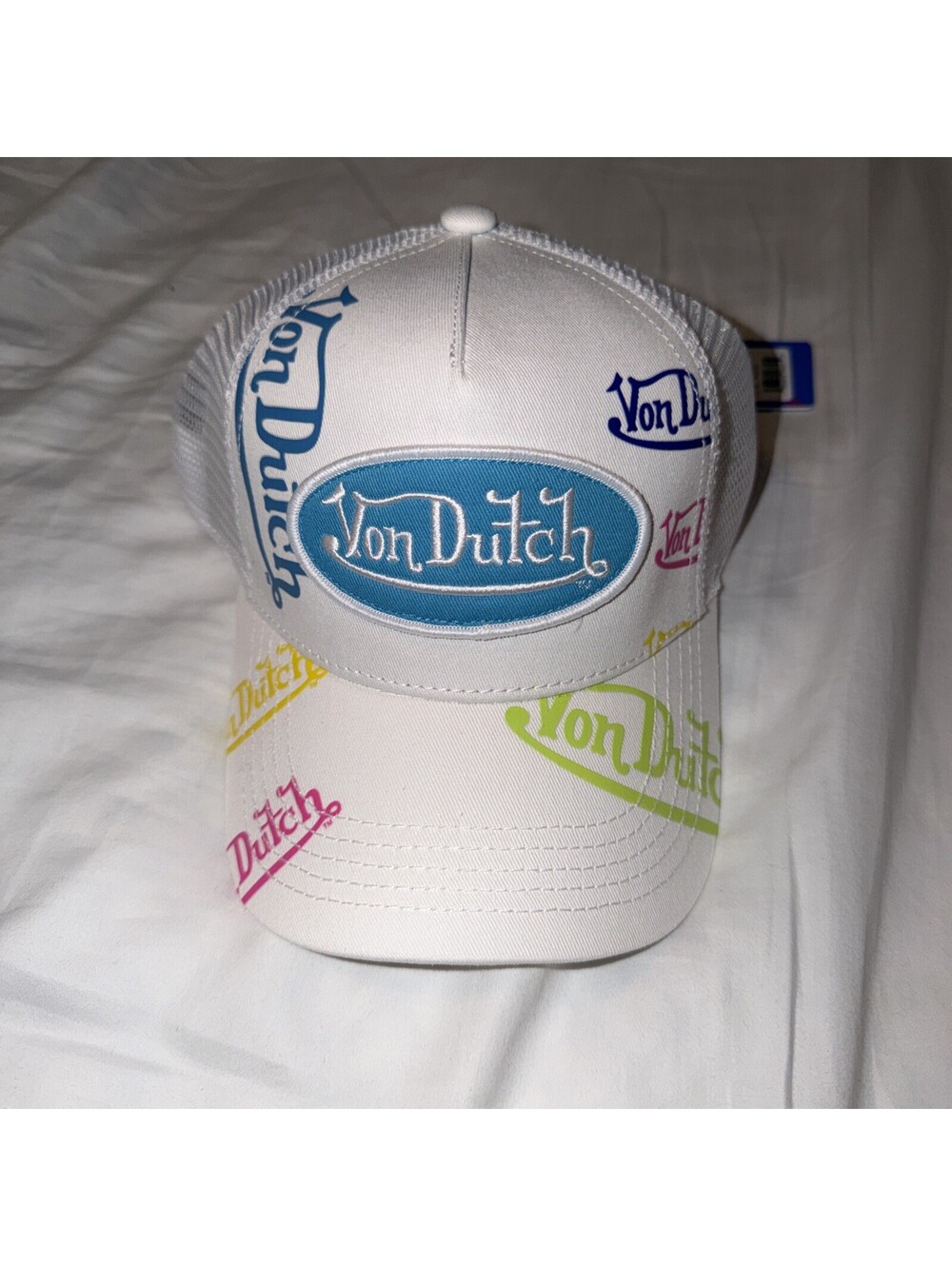 NEW!! Von Dutch Logo Print White Multi-Color with Patch Trucker Hat